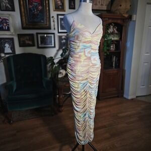 AFRM LOS ANGELES Ruched Bodycon Dress Tie Dye Pastel Midi Spaghetti Strap Womens